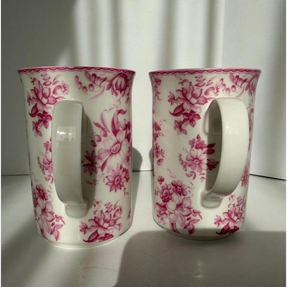 Vintage Whittard of Chelsea Pair of Pink Floral Fine Bone China Mugs - Picture 4 of 9